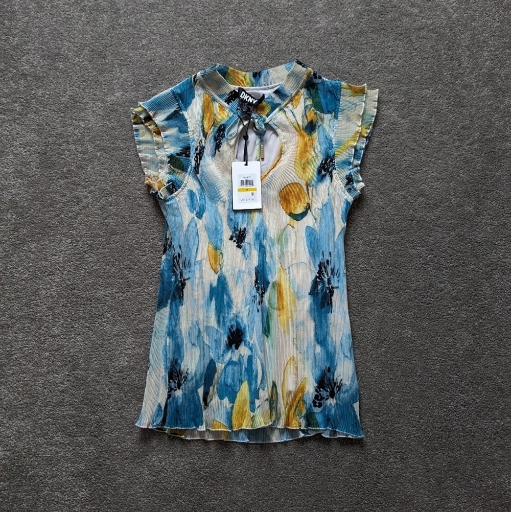 DKNY flutter sleeve watercolor abstract floral pleated blouse women's Medium NEW
